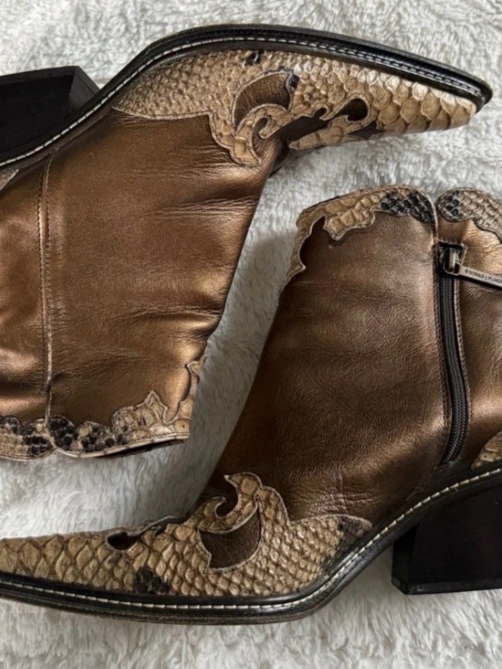 Donald J. Pliner Bronze Metallic Ankle Boots with Snakeskin Trim